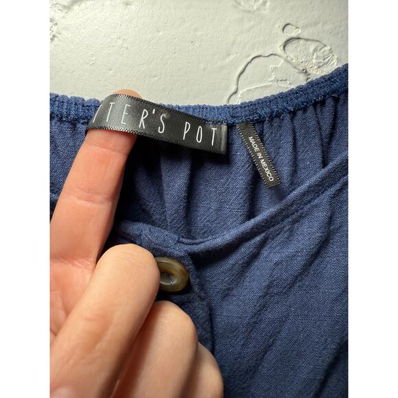 Potters Pot blue linen button peasant top womens small coquette milkmaid prairie - Picture 3 of 8